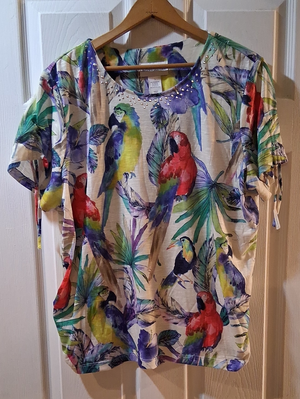 Alfred Dunner Parrot Print Short Sleeve Top - Red, Green, Blue, Purple